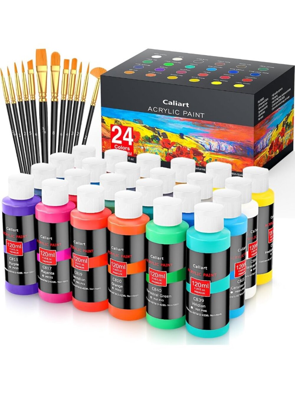 24 Colors Acrylic Paint Set - 4oz Bottles & 12 Brushes | Non-Toxic Craft Kit for